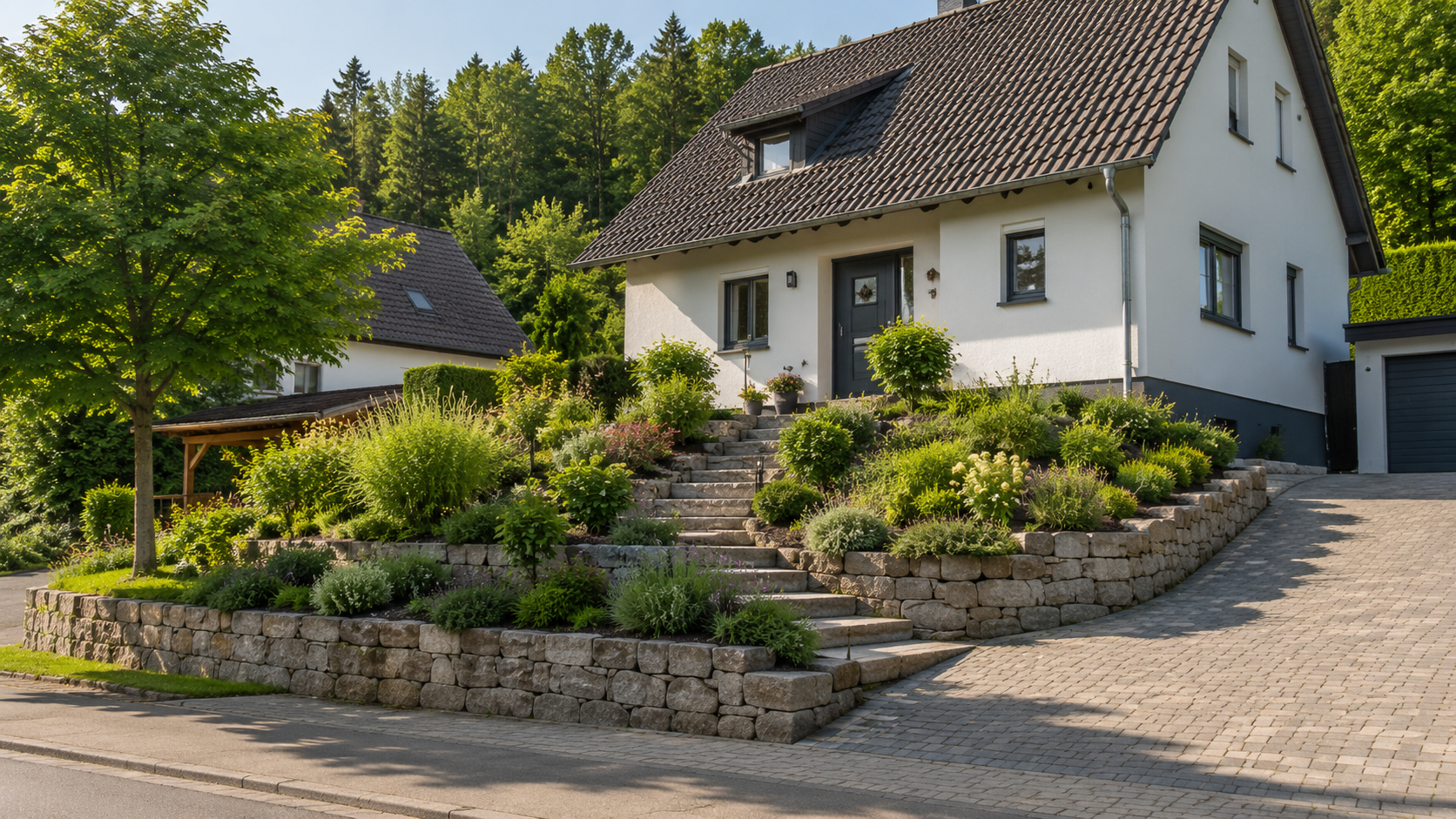 Vorgarten mit Natursteinmauerterrassen und Pflastereinfahrt